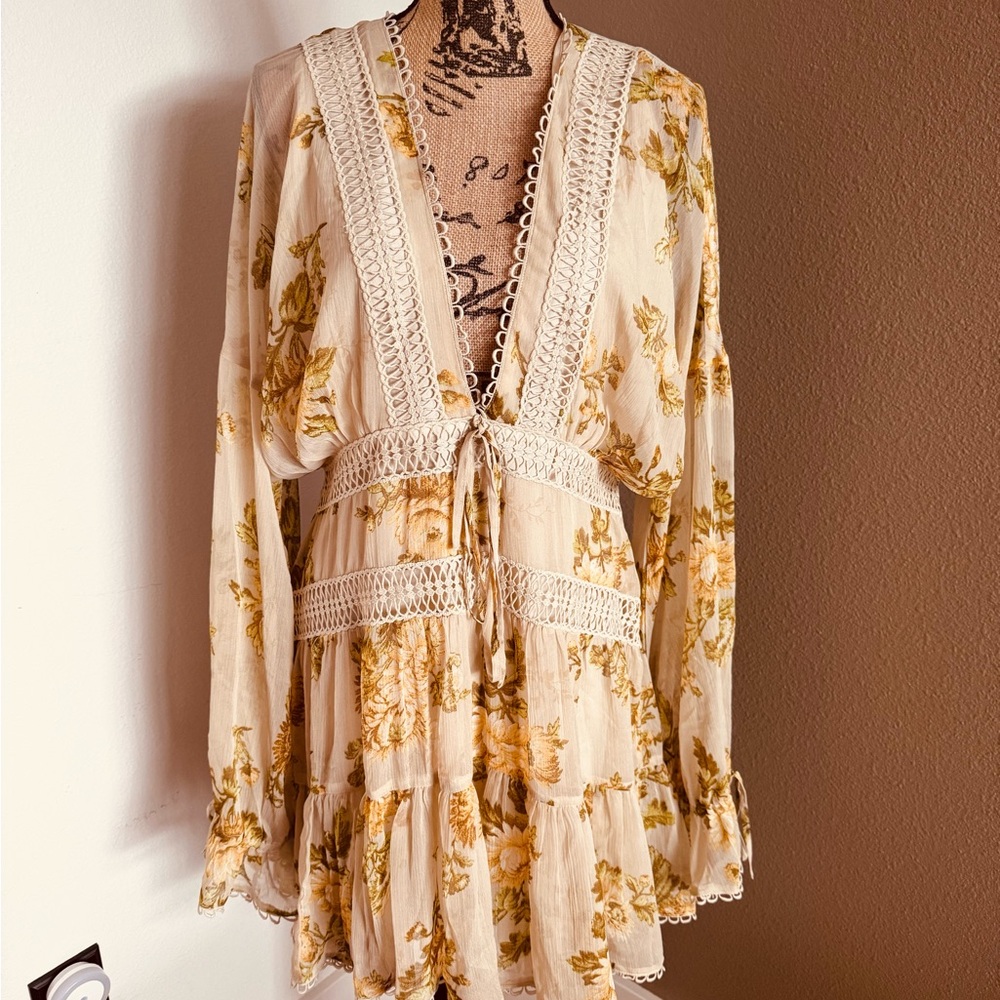 ASOS Cream and Yellow Floral Long Sleeve Dress